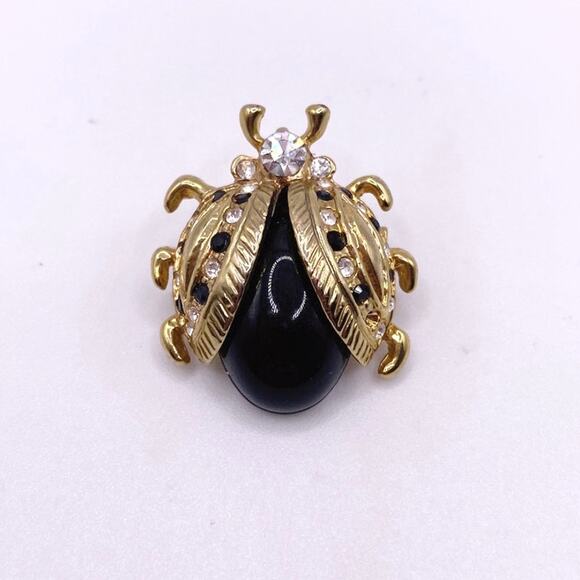 Vintage Lady Bug Brooch Pin Black and Gold Tone - Picture 4 of 6